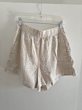 Women's Embroidered Linen-Blend Elastic Waist Shorts - Neutral Beige